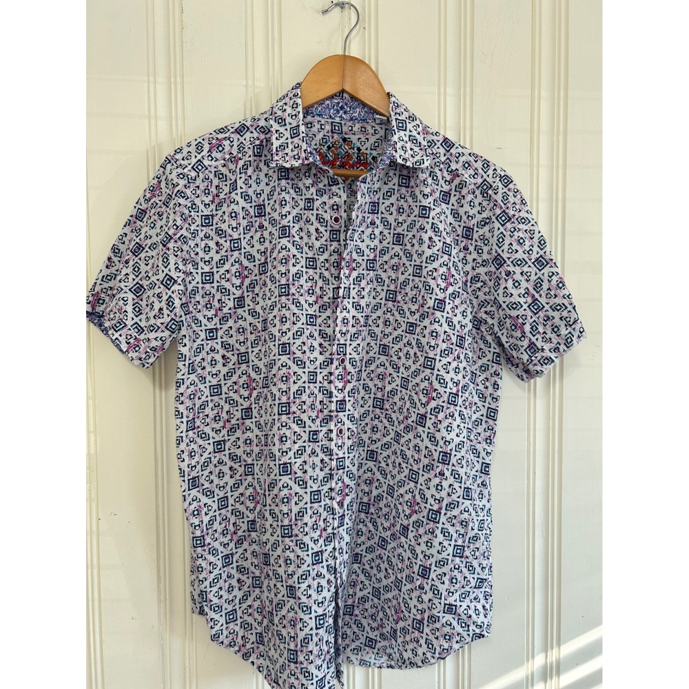 Robert Graham Men M Linen Blend Short Sleeve Designer Geometric Button Shirt